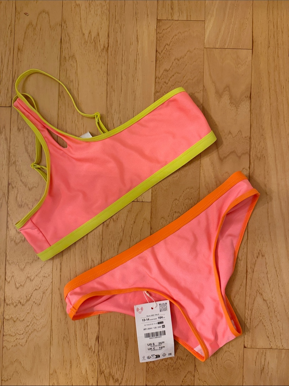 Zara Kids Neon Pink Bikini with Lime and Orange Trim